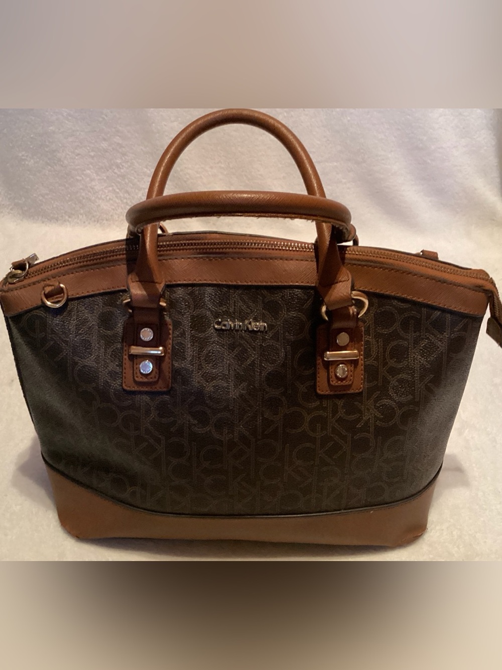 Calvin Klein Brown Monogram Dome Satchel with Tan Trim